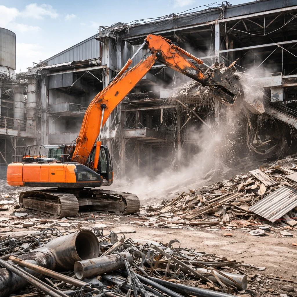 Demolición industrial ejecutada por DEXA Chile con excavadora